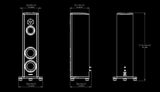 Magico S2 dimension drawing showing front, side and top views