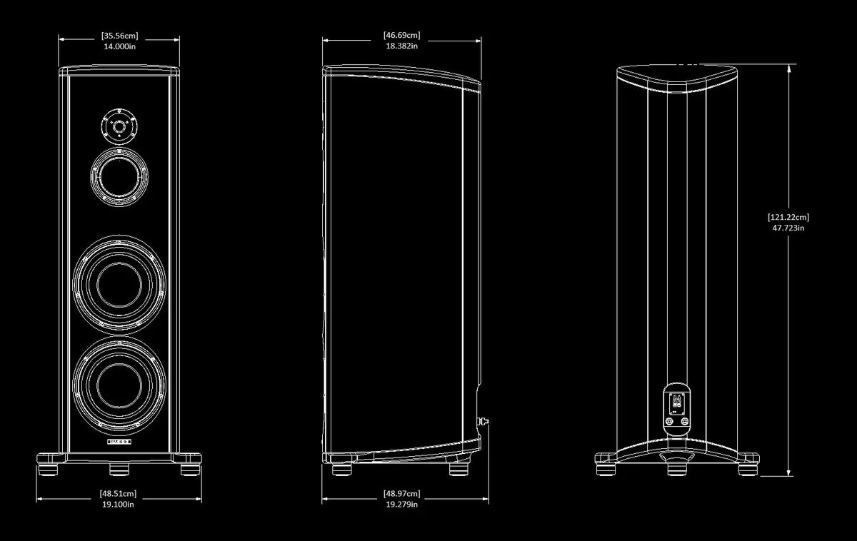 Magico S5 2024 dimension drawing showing front, side and top views