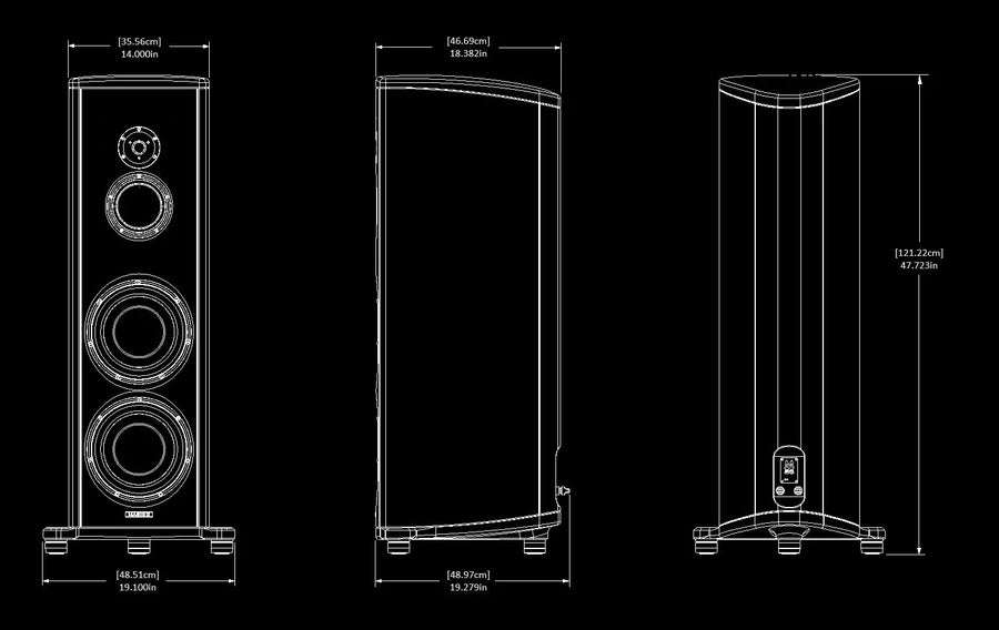 Magico S5 2024 dimension drawing showing front, side and top views