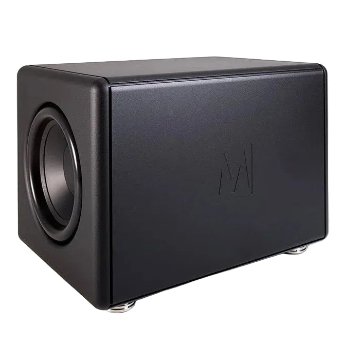 Magico Titan 15 powered subwoofer showing its aluminum enclosure and side-mounted woofer