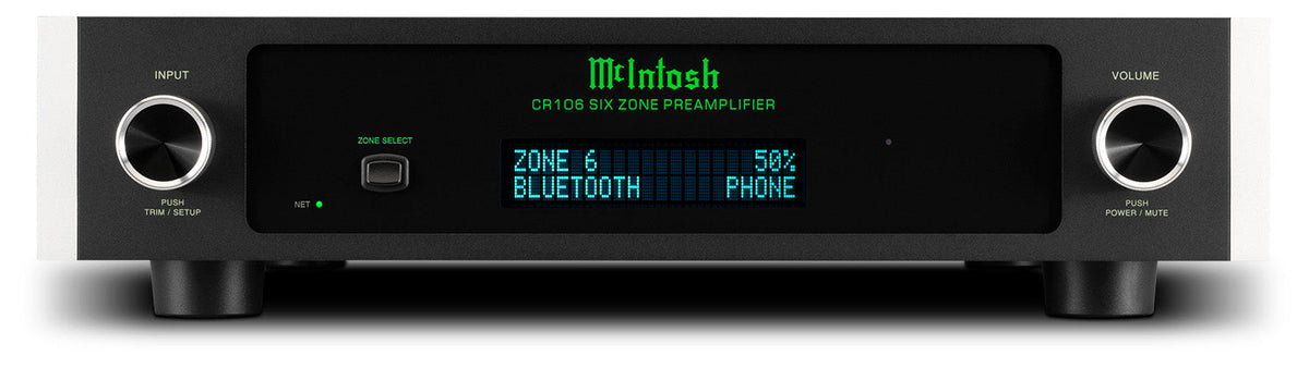 McIntosh CR106 6-zone preamplifier and audio matrix front view with Bluetooth display