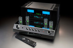 McIntosh MA352 hybrid integrated amplifier angled view with remote