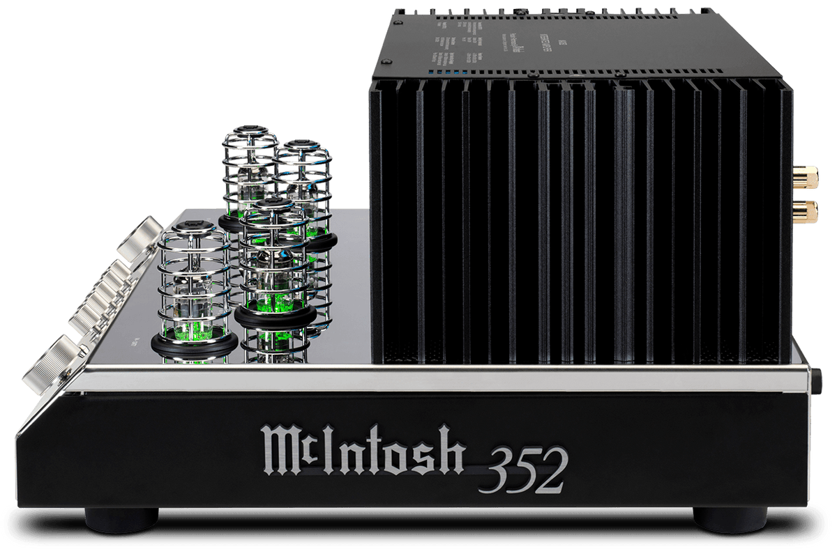 McIntosh MA352 integrated amplifier side profile with vacuum tubes and heatsink