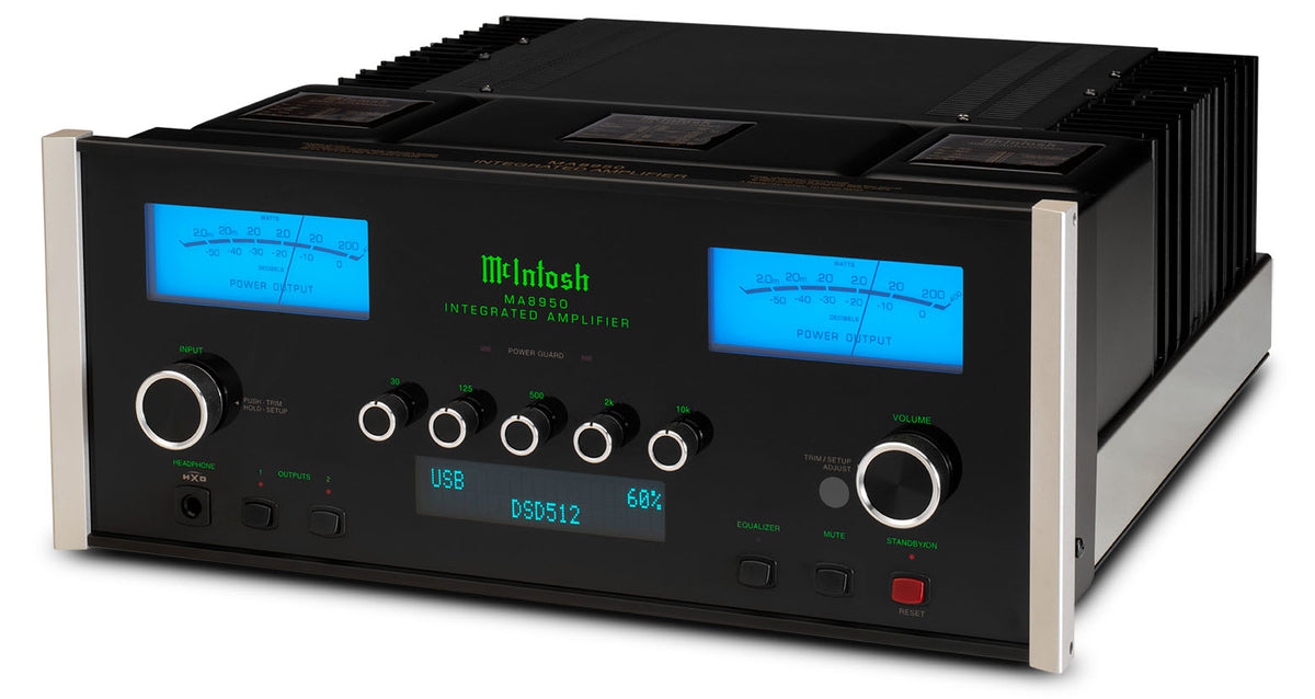 McIntosh MA8950 integrated amplifier front angled view with blue watt meters