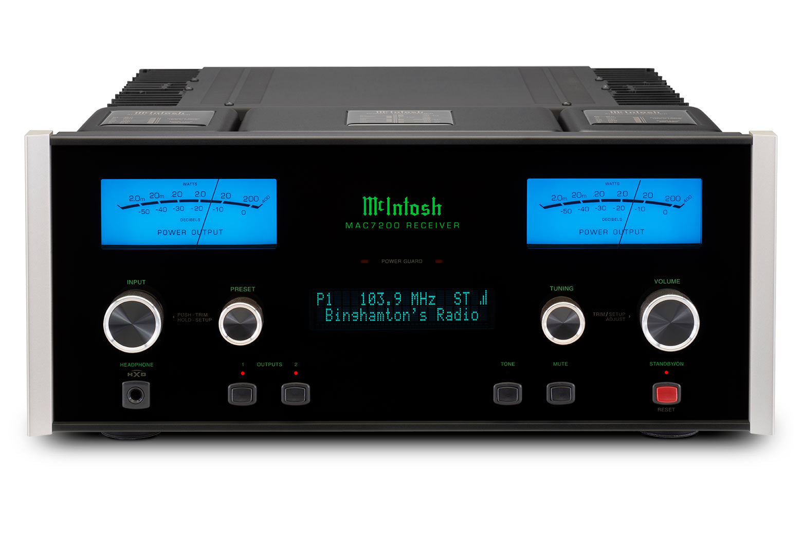 McIntosh MAC7200 stereo receiver front and top view with blue watt meters and tuner display