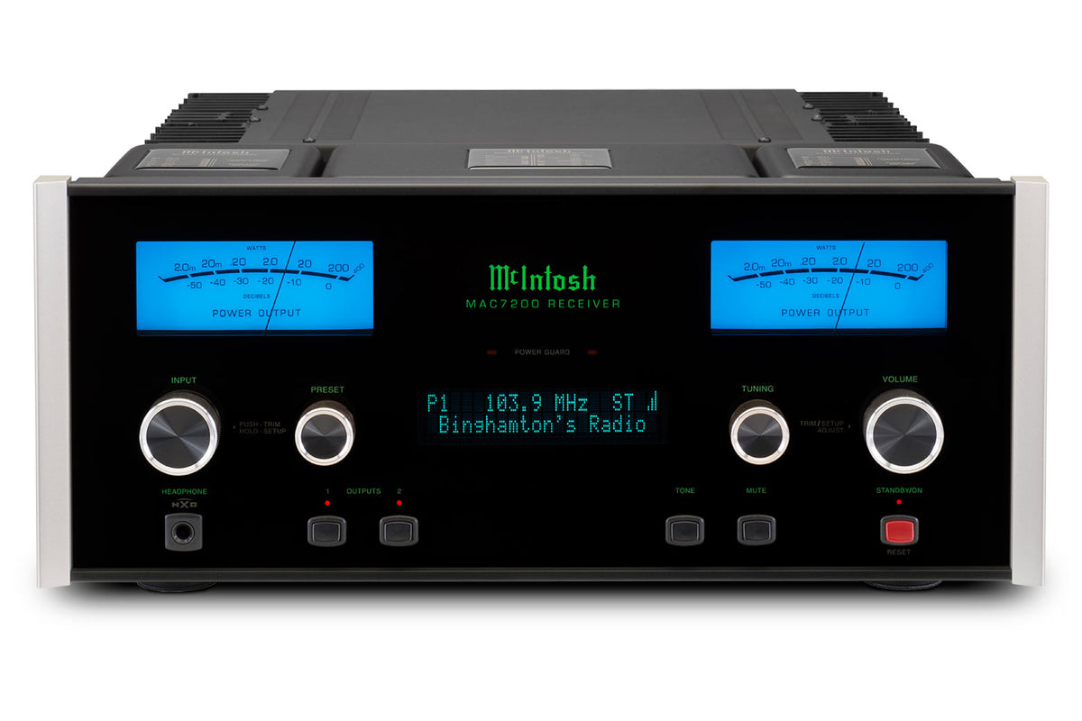 McIntosh MAC7200 stereo receiver front and top view with blue watt meters and tuner display