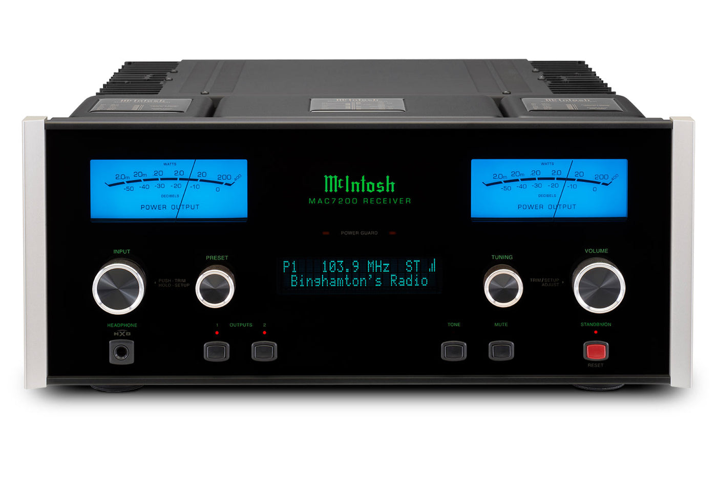 McIntosh MAC7200 stereo receiver front and top view with blue watt meters and tuner display