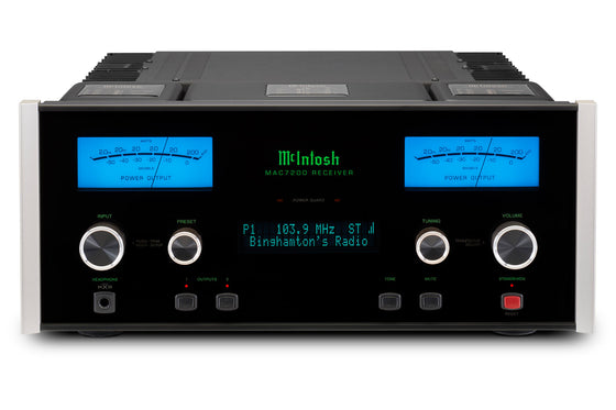 McIntosh MAC7200 stereo receiver front and top view with blue watt meters and tuner display