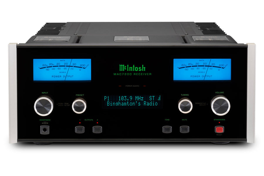 McIntosh MAC7200 stereo receiver front and top view with blue watt meters and tuner display