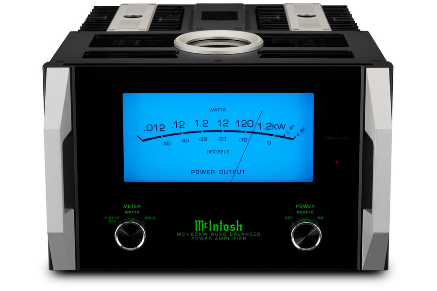 McIntosh MC1.25KW 1-channel solid state monoblock amplifier front and top view