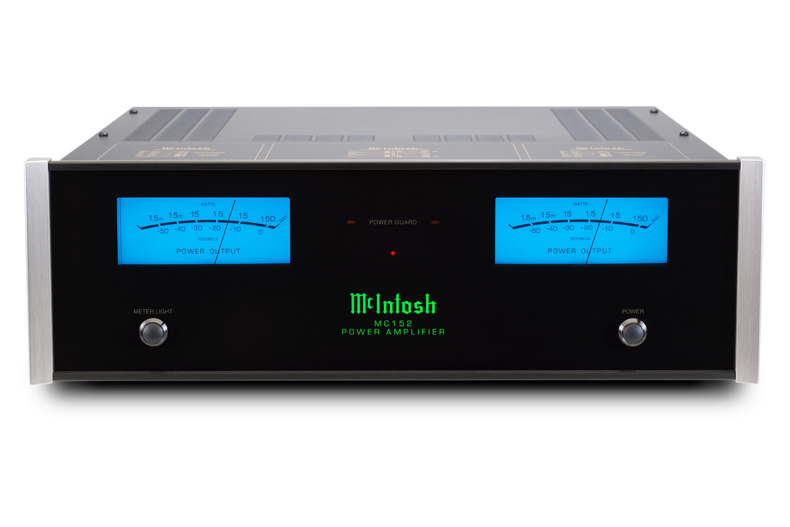 McIntosh MC152 2-channel solid state power amplifier front and top view