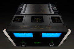 McIntosh MC312 power amplifier front and top view with blue watt meters