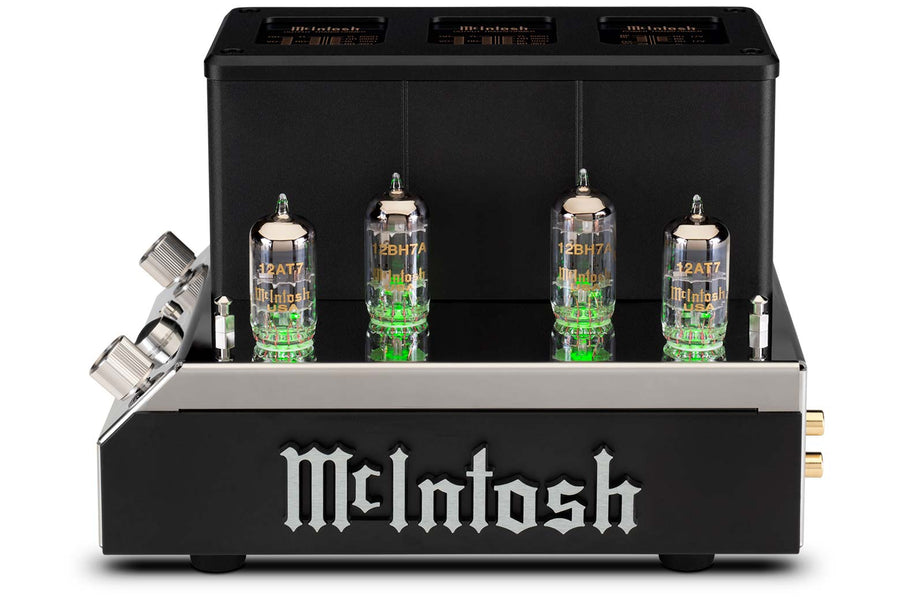 McIntosh MHA200 vacuum tube headphone amplifier front and top view
