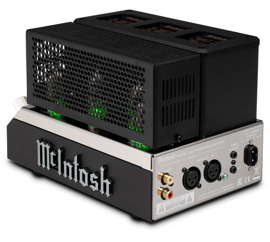 McIntosh MHA200 vacuum tube headphone amplifier right angled view with protective tube cage