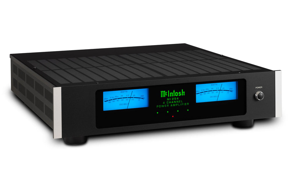 McIntosh MI254 4-channel Class D power amplifier angled front view