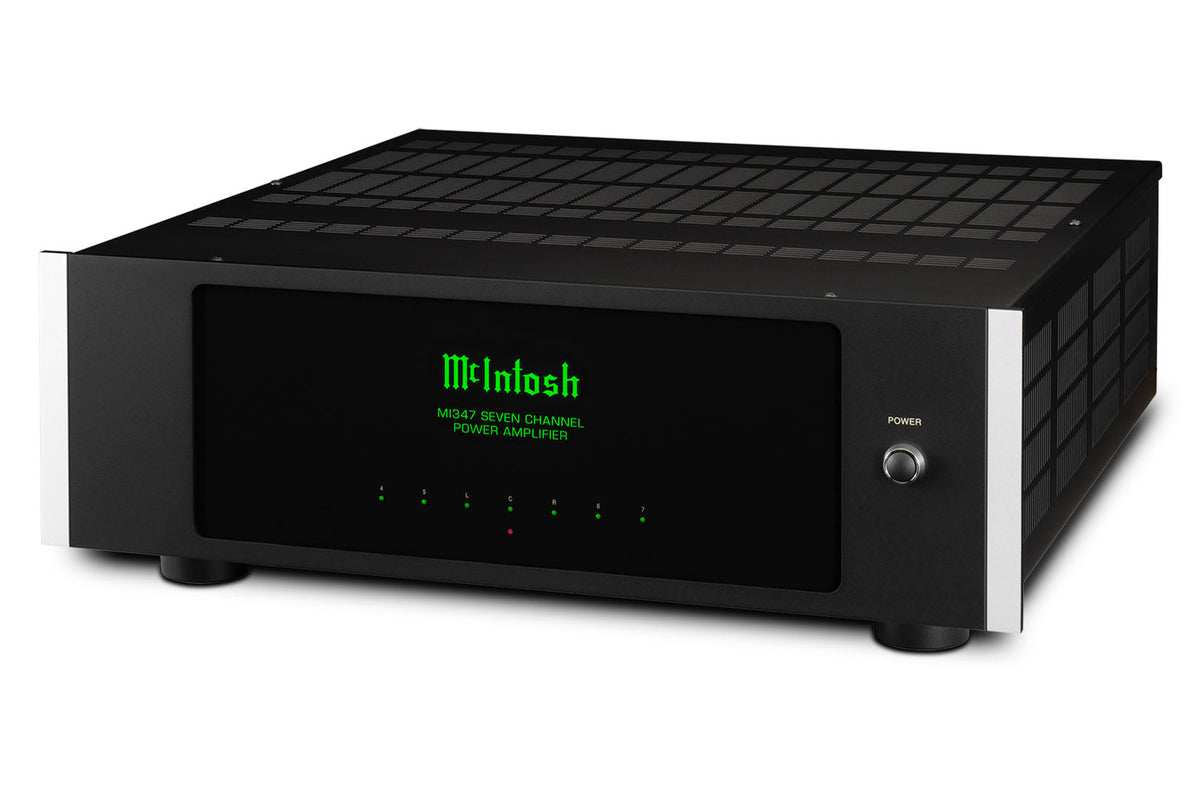 McIntosh MI347 7-channel Class D power amplifier angled view