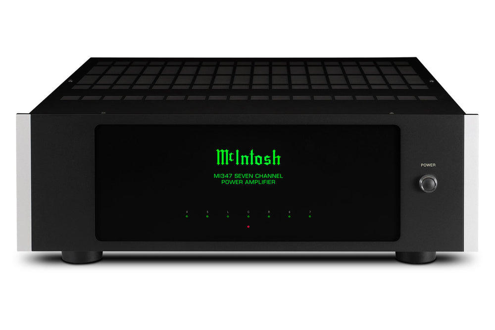 McIntosh MI347 7-channel home theater amplifier front and top view