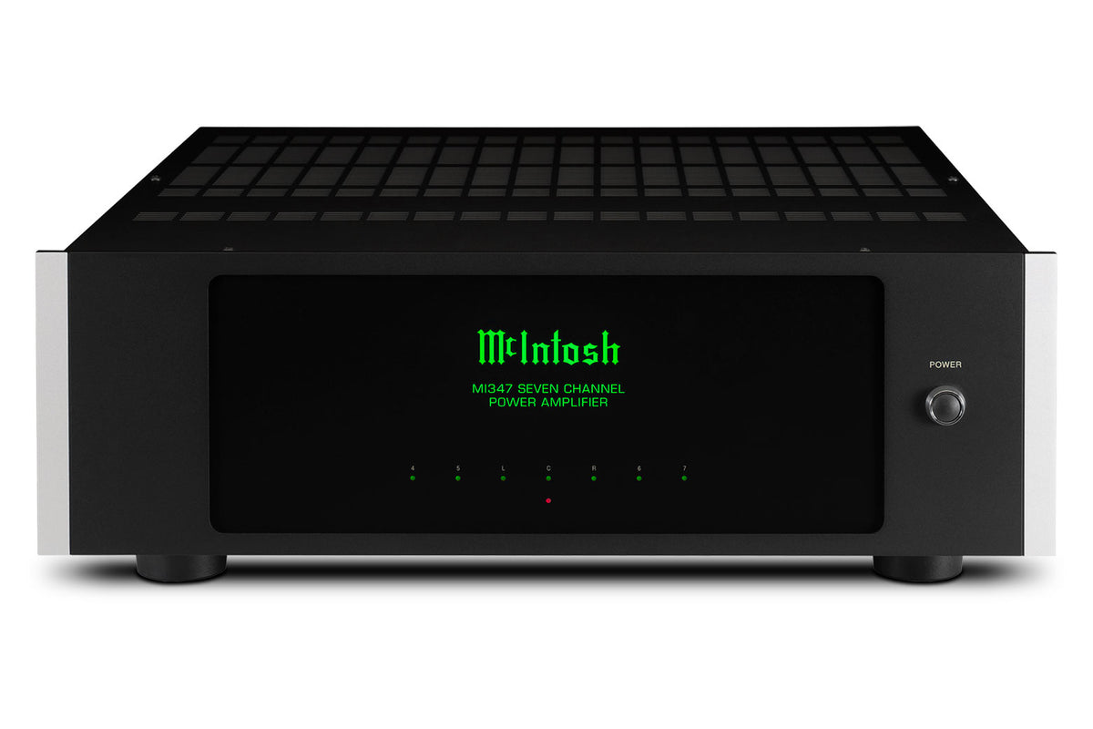 McIntosh MI347 7-channel home theater amplifier front and top view