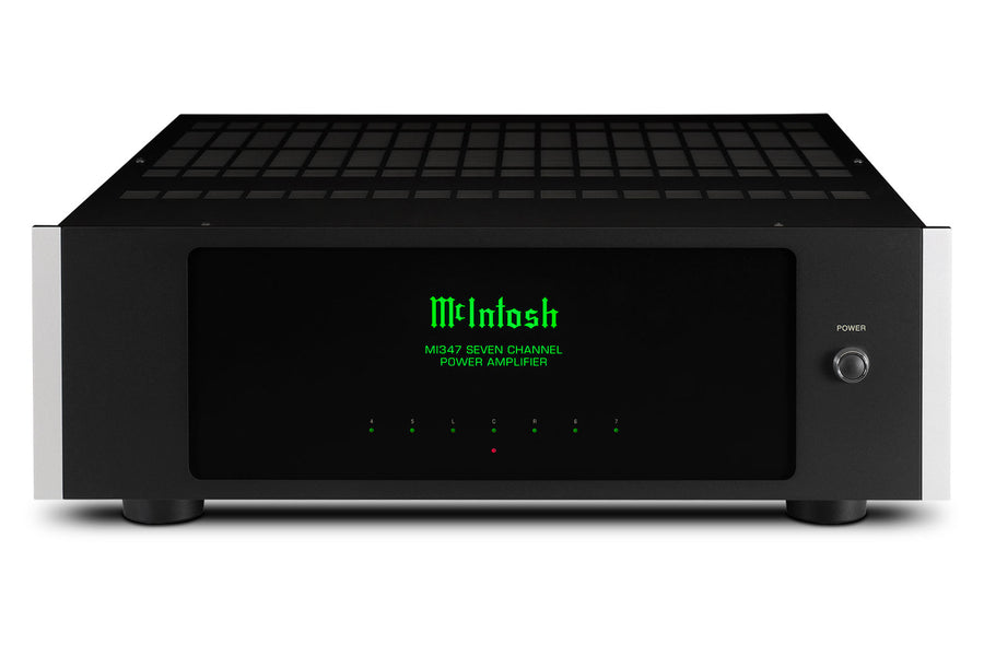 McIntosh MI347 7-channel home theater amplifier front and top view