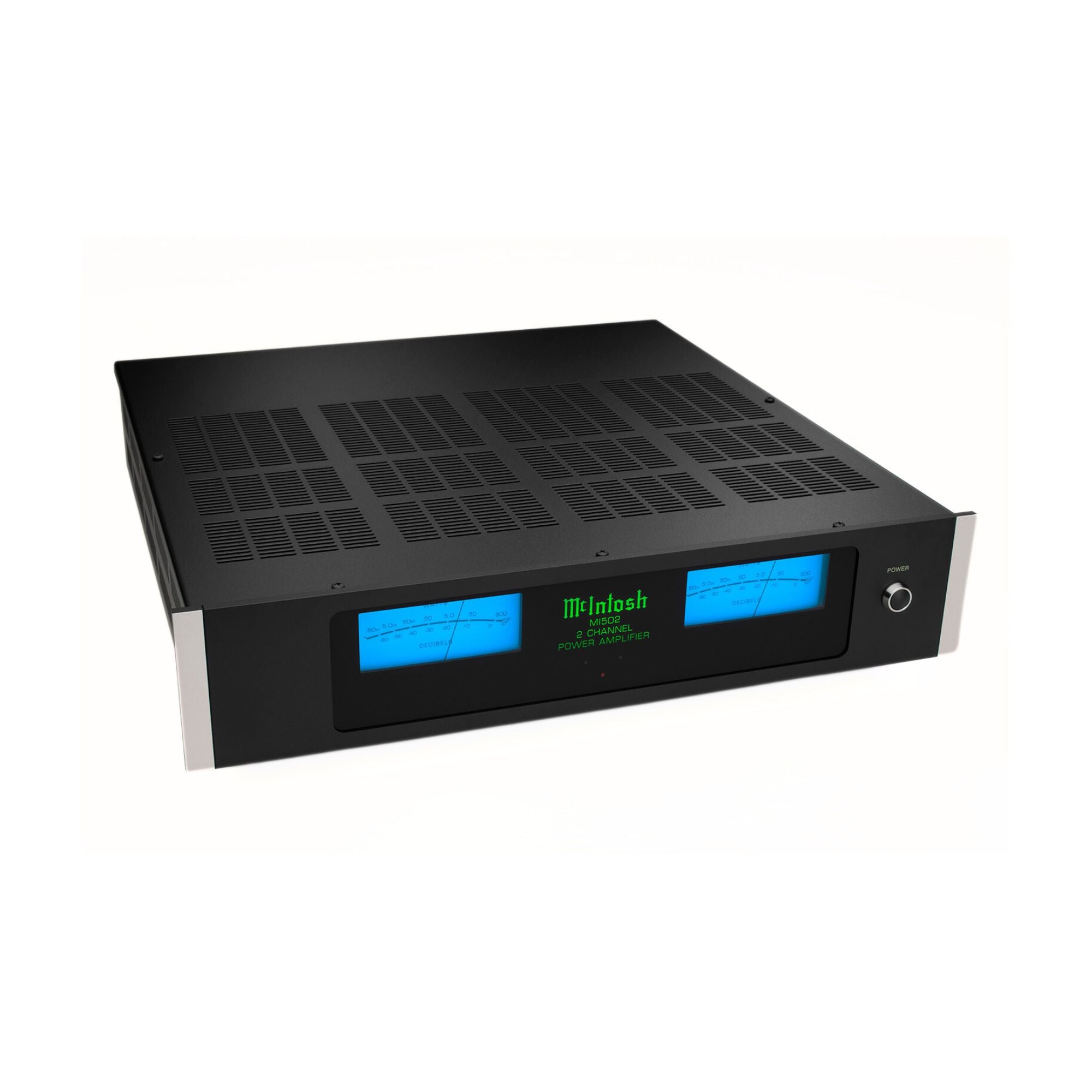McIntosh MI502 2-channel digital power amplifier front and top view