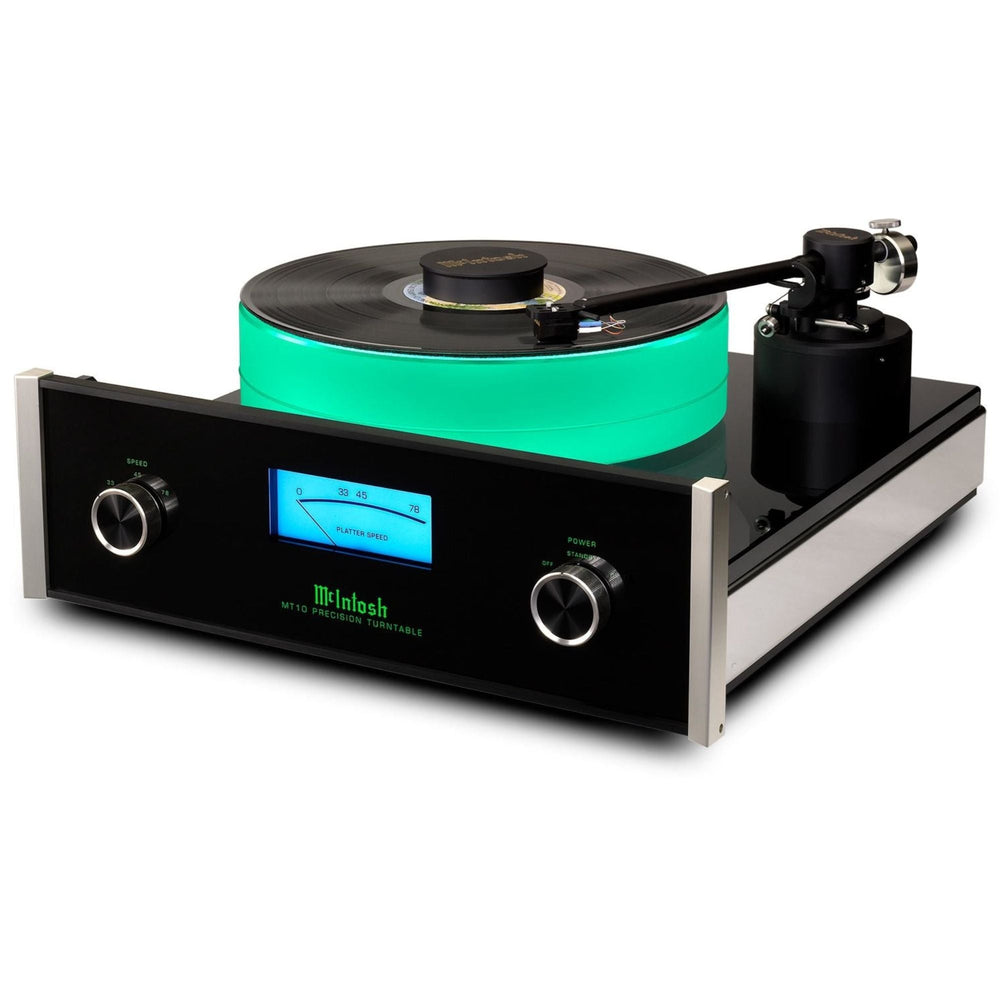 McIntosh MT10 Precision Turntable front angled view with illuminated speed meter