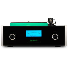 McIntosh MT10 Precision Turntable front view with blue illuminated speed meter