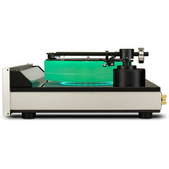 McIntosh MT10 Precision Turntable side angled view with illuminated acrylic platter