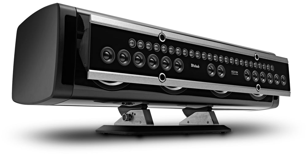 McIntosh XCS1.5K center channel loudspeaker in Piano Black, low-angle front view