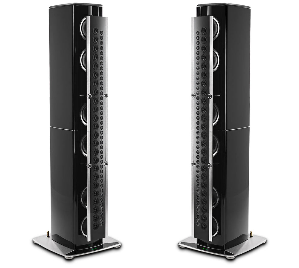 McIntosh XRT1.1K floor standing loudspeaker pair in Piano Black, angled front view