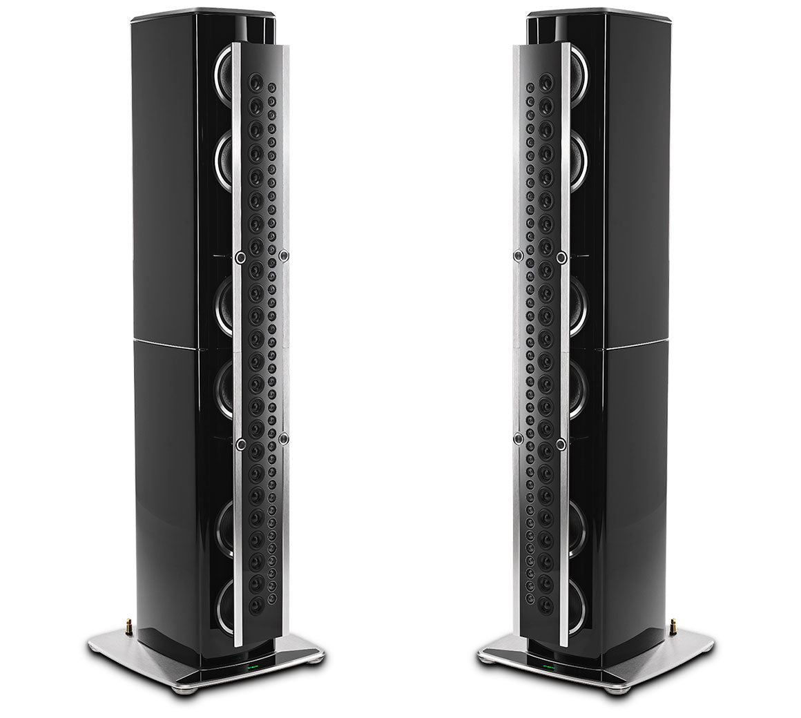 McIntosh XRT1.1K floor standing loudspeaker pair in Piano Black, angled front view