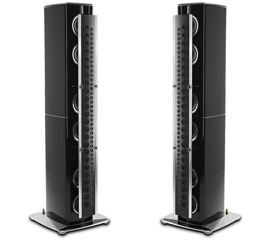 McIntosh XRT1.1K floor standing loudspeaker pair in Piano Black, angled front view