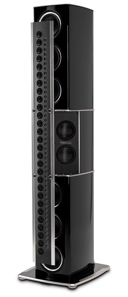 McIntosh XRT2.1K floor standing loudspeaker in Piano Black, angled front view