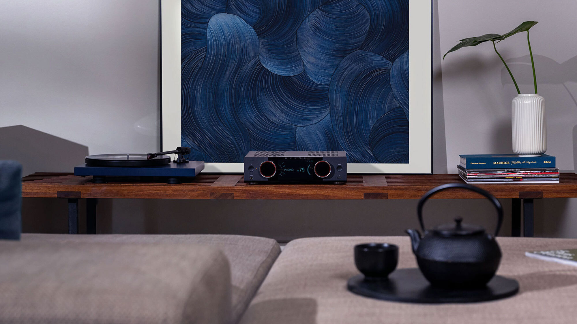 Onkyo Muse Y-50 streaming amplifier in a modern two-channel listening room