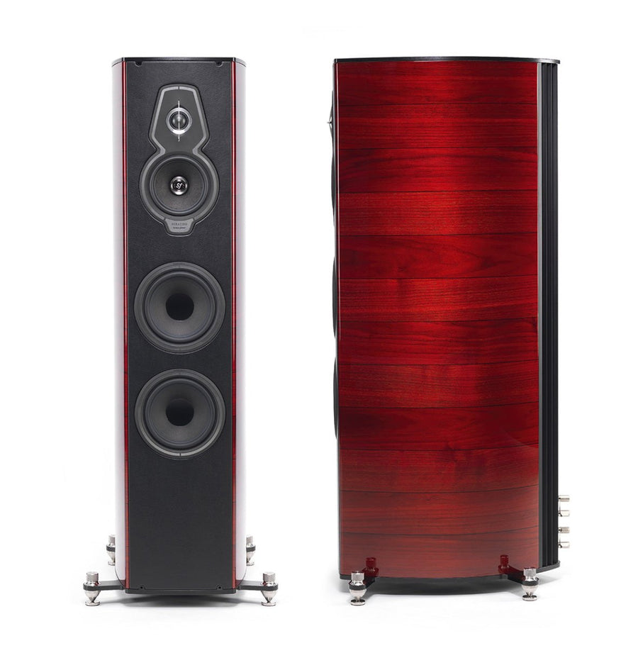 Sonus Faber Serafino G2 luxury floorstanding speakers with lute-shaped wood cabinets in red wood finish