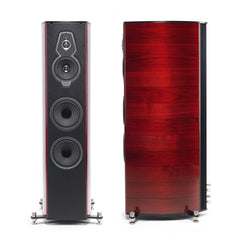 Sonus Faber Serafino G2 luxury floorstanding speakers with lute-shaped wood cabinets in red wood finish