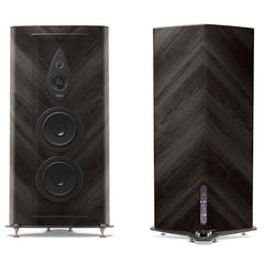 Sonus Faber Stradivari G2 floorstanding speakers in Graphite Wood and Italian leather